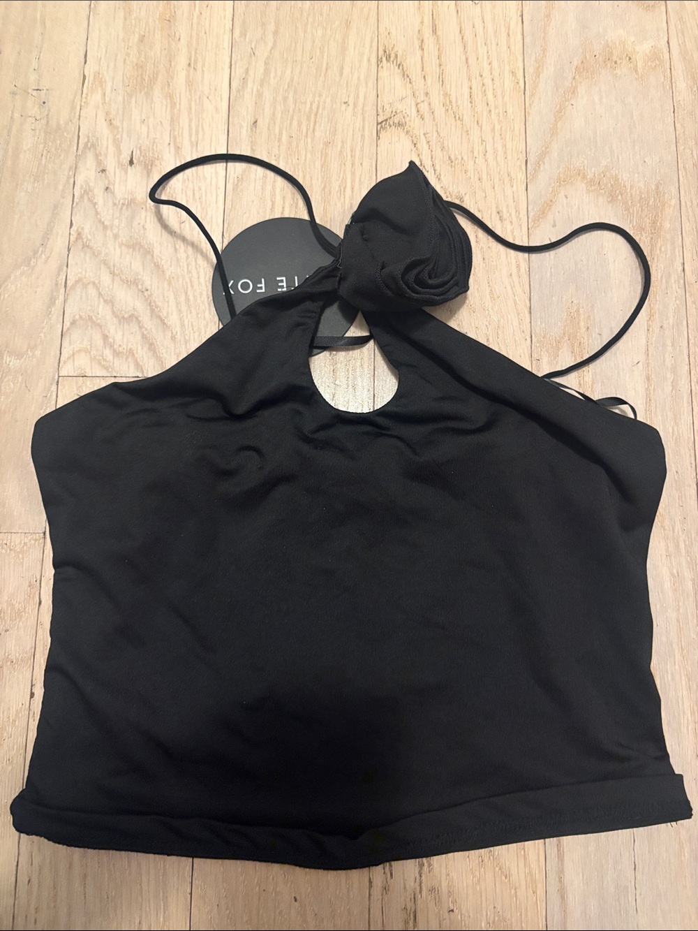 White Fox Boutique Black Halter Crop Top with Knot Accent
